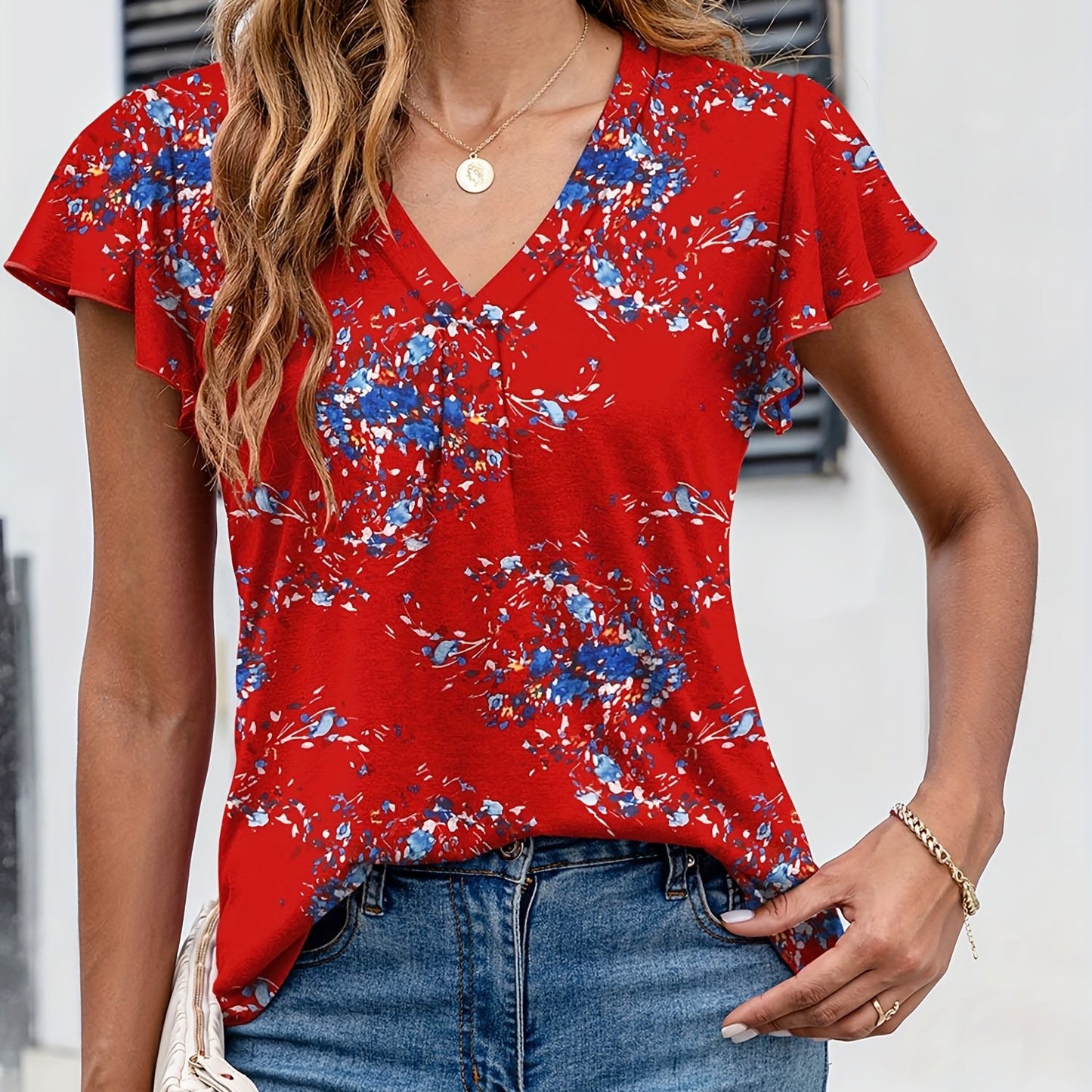 KTILG Womens Dressy Casual Flutter Sleeve V Neck Tunic Top