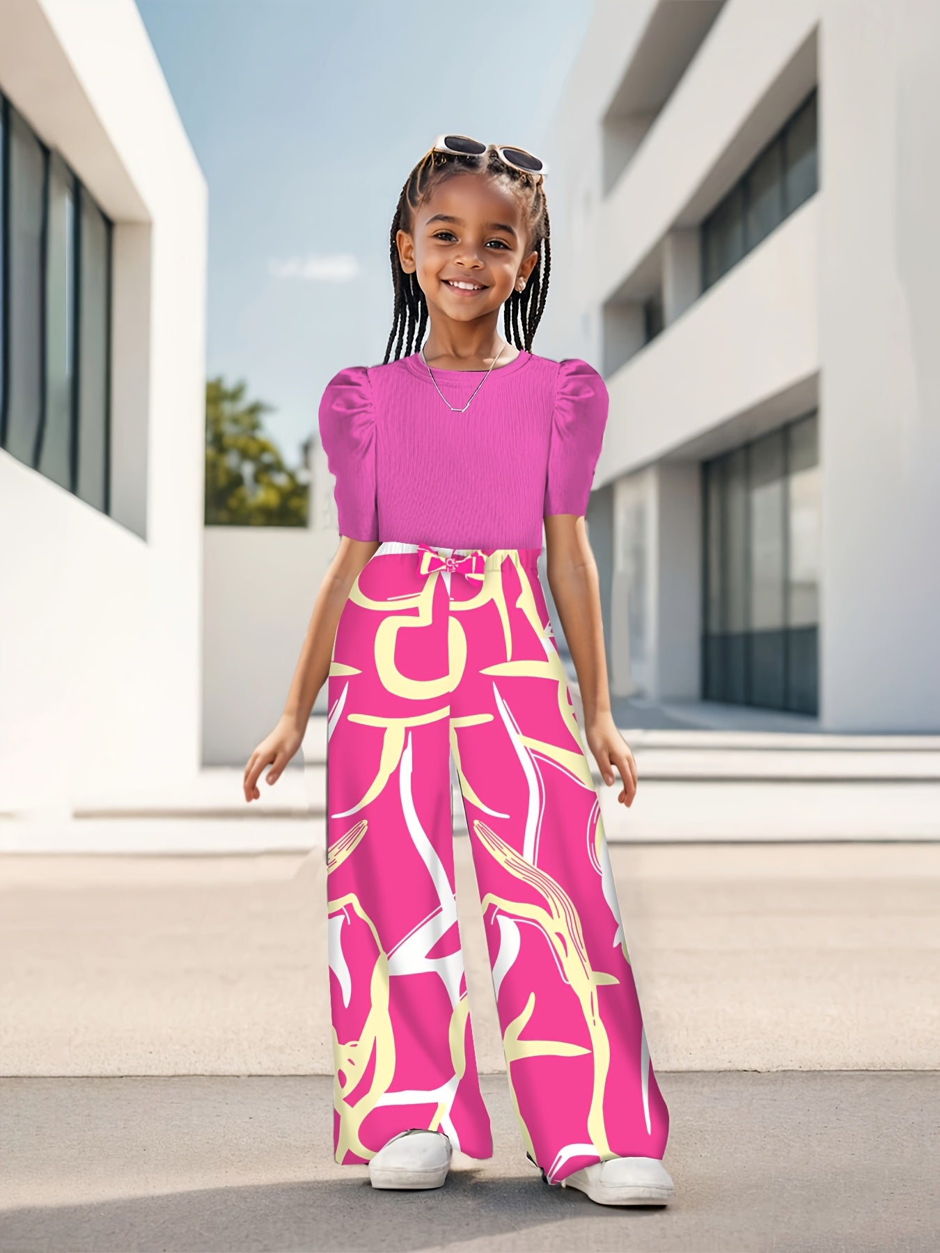 Floral Print Bubble Sleeve Top And Wide Leg Kids Set