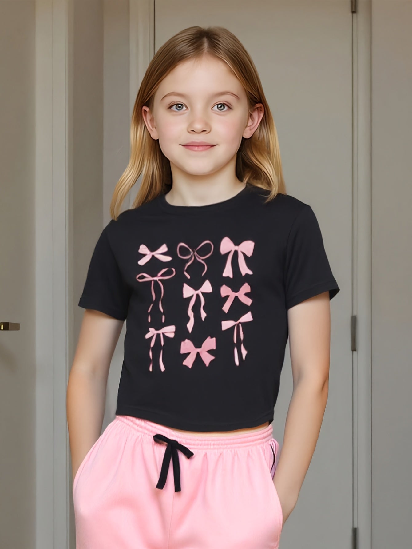 Girls 3D Digital Print Short Sleeve Cropped Pants Set Pockets