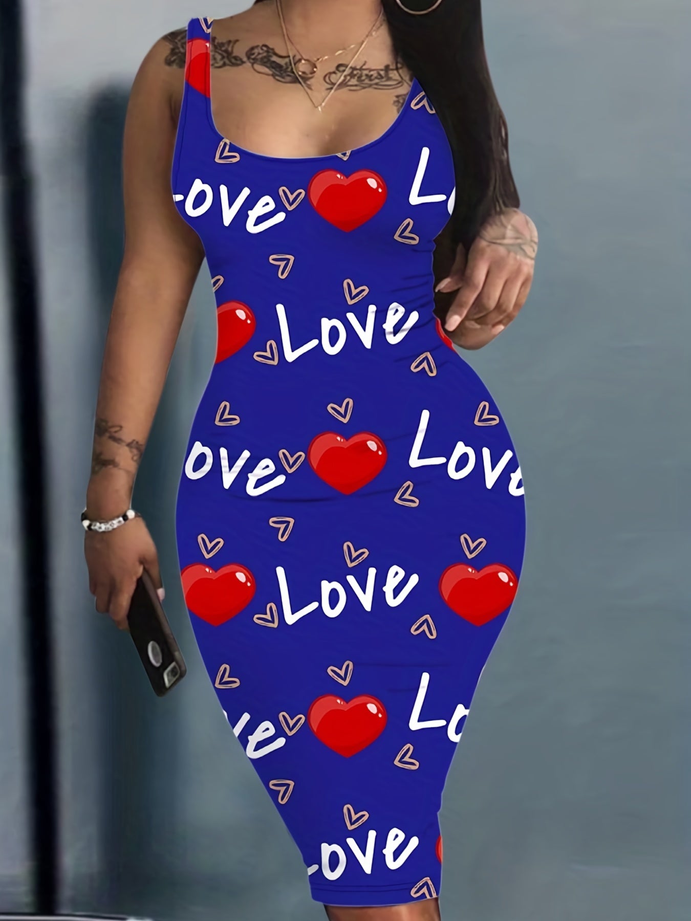 Heart And Letter Print Tank Dress Sleeveless U Neck Women