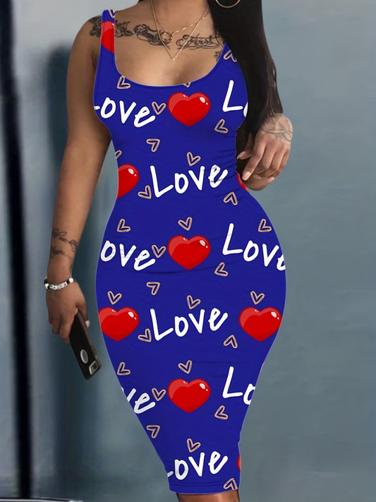 Heart And Letter Print Tank Dress Sleeveless U Neck Women