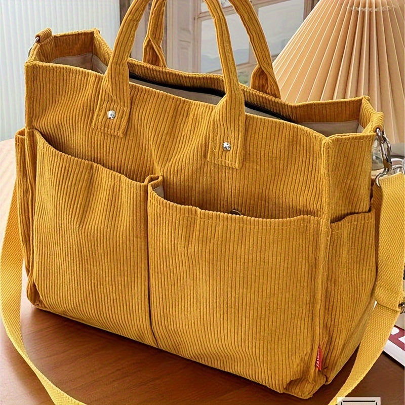 Chic Corduroy Tote Bag for Women - Multi-Pocket, Thickened Design with Striped Pattern, Black | Casual & Artistic Crossbody Shoulder Handbag, Harajuku, Autumn Winter, Student