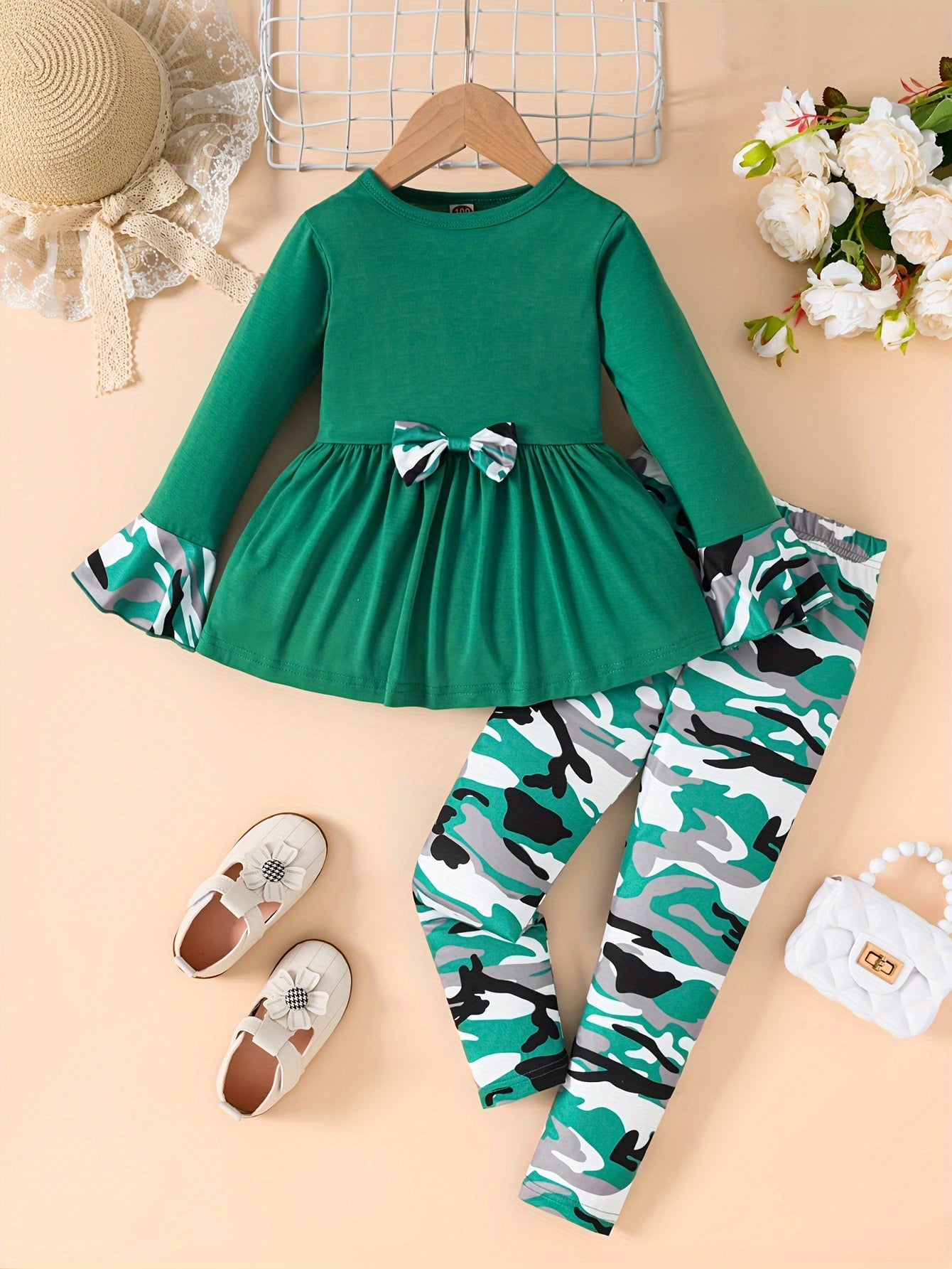Girls Camouflage Bow Tie Flared Dress and Print Pants Set