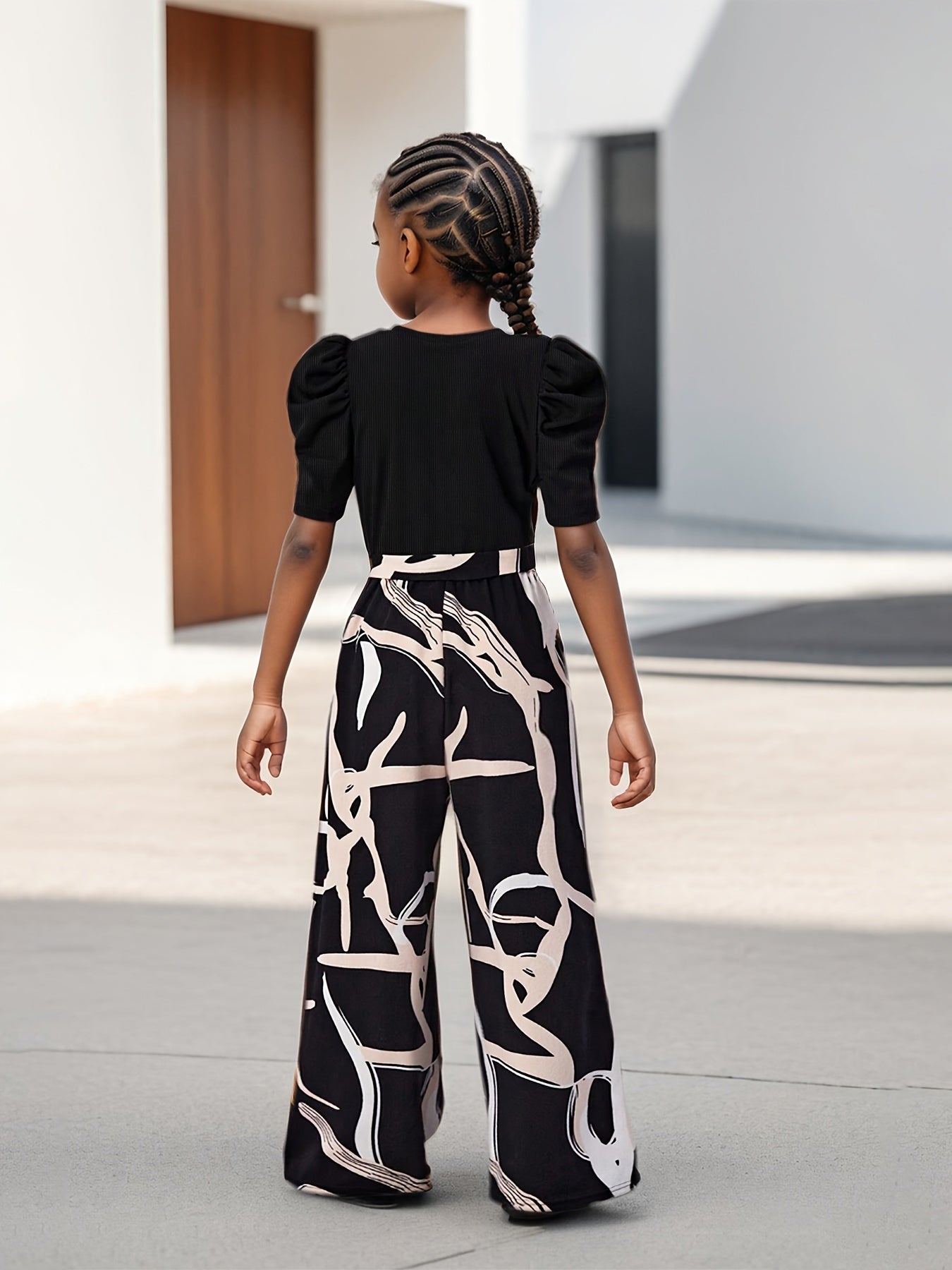 Floral Print Bubble Sleeve Top And Wide Leg Kids Set
