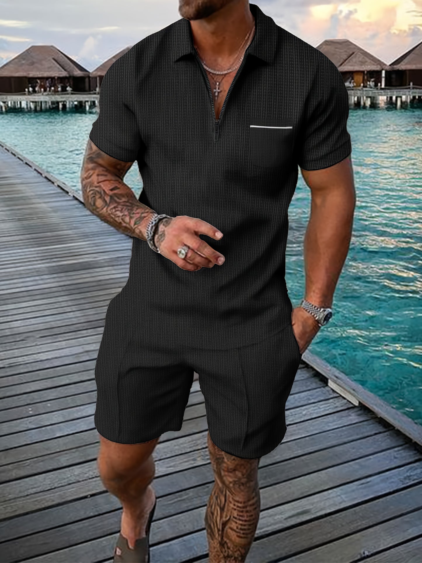 Men's Summer Casual Polo Shirt And Shorts Set With Pocket