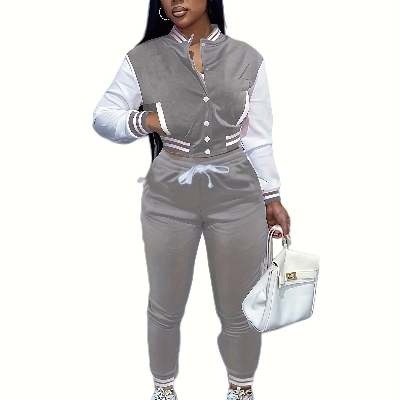 [Casual Baseball Jacket Set] Women's Casual Two-Piece Set - Solid Color Baseball Jacket & Pants, Long Sleeve, Regular Fit, Single-Breasted Buttons | Casual Style