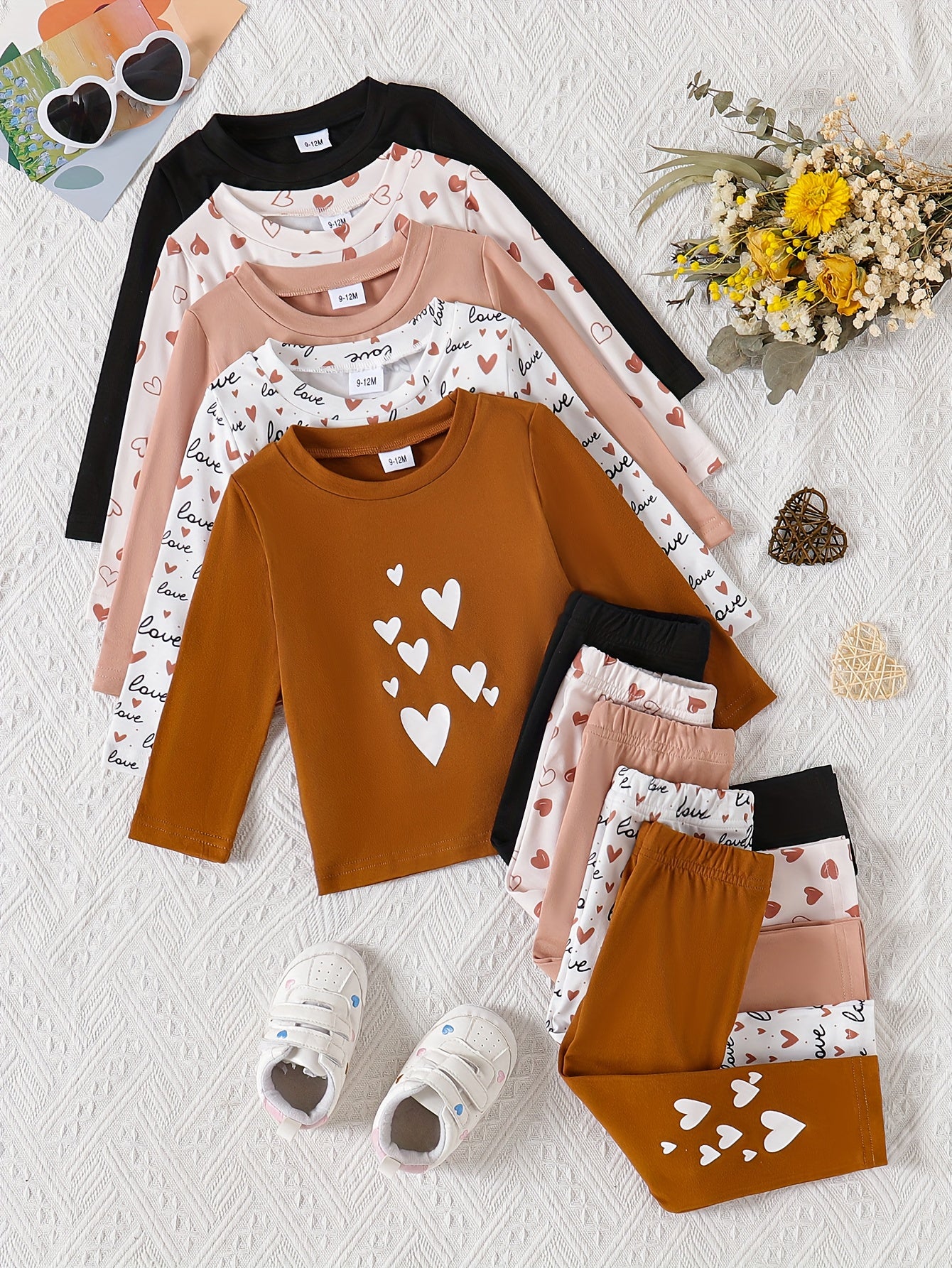Baby Girls Casual Long Sleeve Pants Set With Heart Print