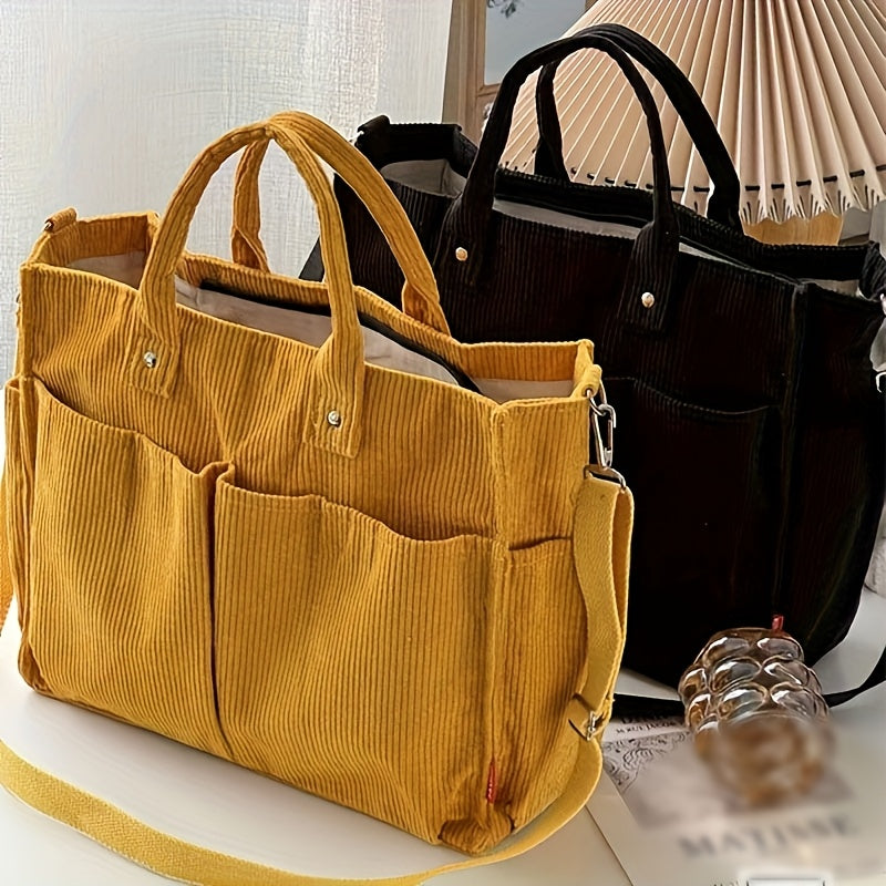 Chic Corduroy Tote Bag for Women - Multi-Pocket, Thickened Design with Striped Pattern, Black | Casual & Artistic Crossbody Shoulder Handbag, Harajuku, Autumn Winter, Student