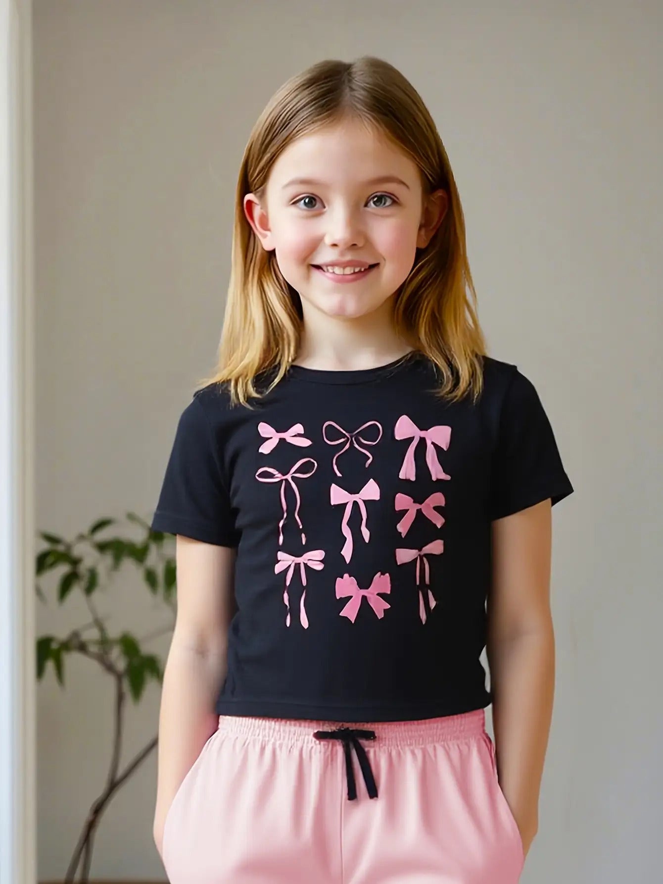 Girls 3D Digital Print Short Sleeve Cropped Pants Set Pockets