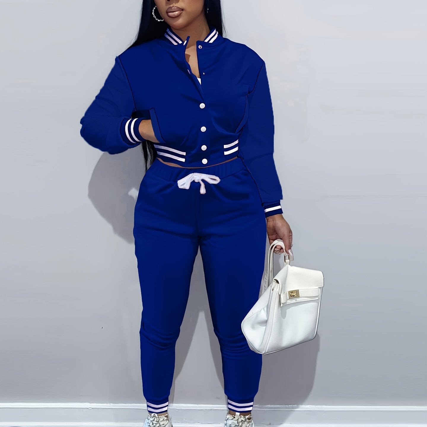 [Casual Baseball Jacket Set] Women's Casual Two-Piece Set - Solid Color Baseball Jacket & Pants, Long Sleeve, Regular Fit, Single-Breasted Buttons | Casual Style