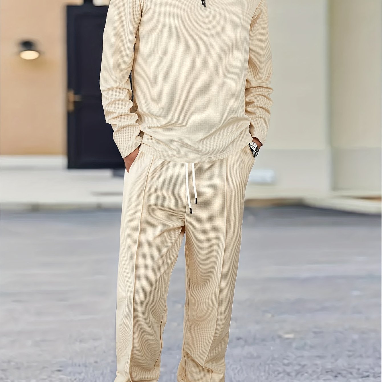 [Stylish Casual Suit] 2pcs Solid Color Plaid Casual Suit | Men's Long Sleeve Collared Shirt and Drawstring Pants - Stylish Comfortable Outfit for Daily Leisure Wear, Suitable for Spring/Autumn Men's Clothing