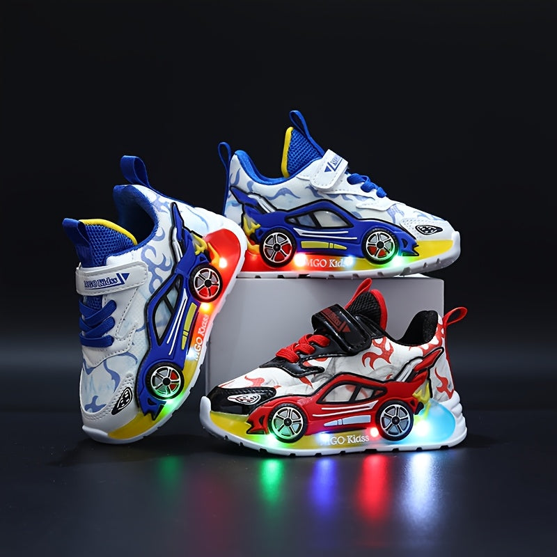 MGO Kidss 2025 Spring New Arrival - Cartoon Car & Fire Truck Light-Up Sneakers for Kids, Low Top Sneakers with Red & Blue Car Design, Casual & Sporty Style, Disposable Battery Powered, 14 and Under, Casual Footwear | Vibrant