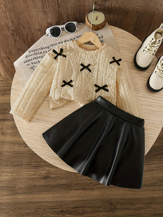 Girls Autumn Winter Knitted Butterfly Top And Leather Skirt Set