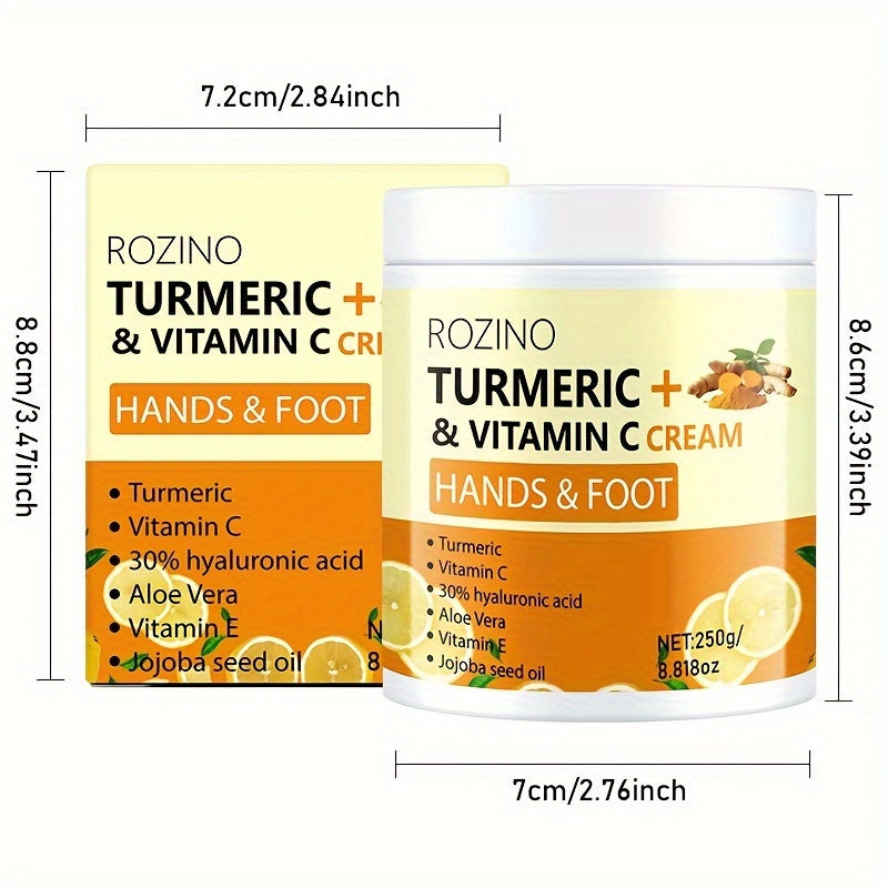 ROZINO Turmeric & Vitamin C Hand & Foot Cream, 10-in-1 Instant Hydration, Deep Moisturizing, Non-Greasy, Long-Lasting Moisture for All Light Beige Types, Unisex, Ideal for Dry Feet & Hands, Foot Moisturizer, Sleek Jar Design,