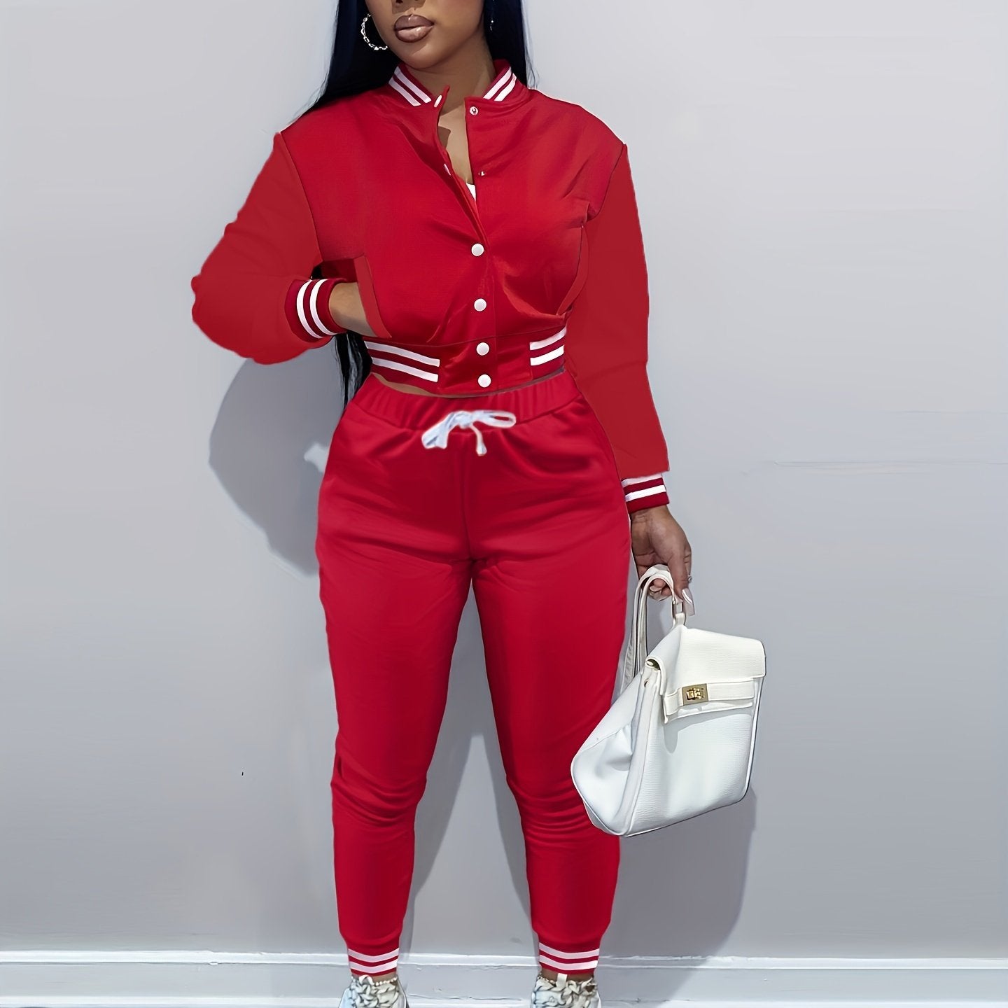 [Casual Baseball Jacket Set] Women's Casual Two-Piece Set - Solid Color Baseball Jacket & Pants, Long Sleeve, Regular Fit, Single-Breasted Buttons | Casual Style