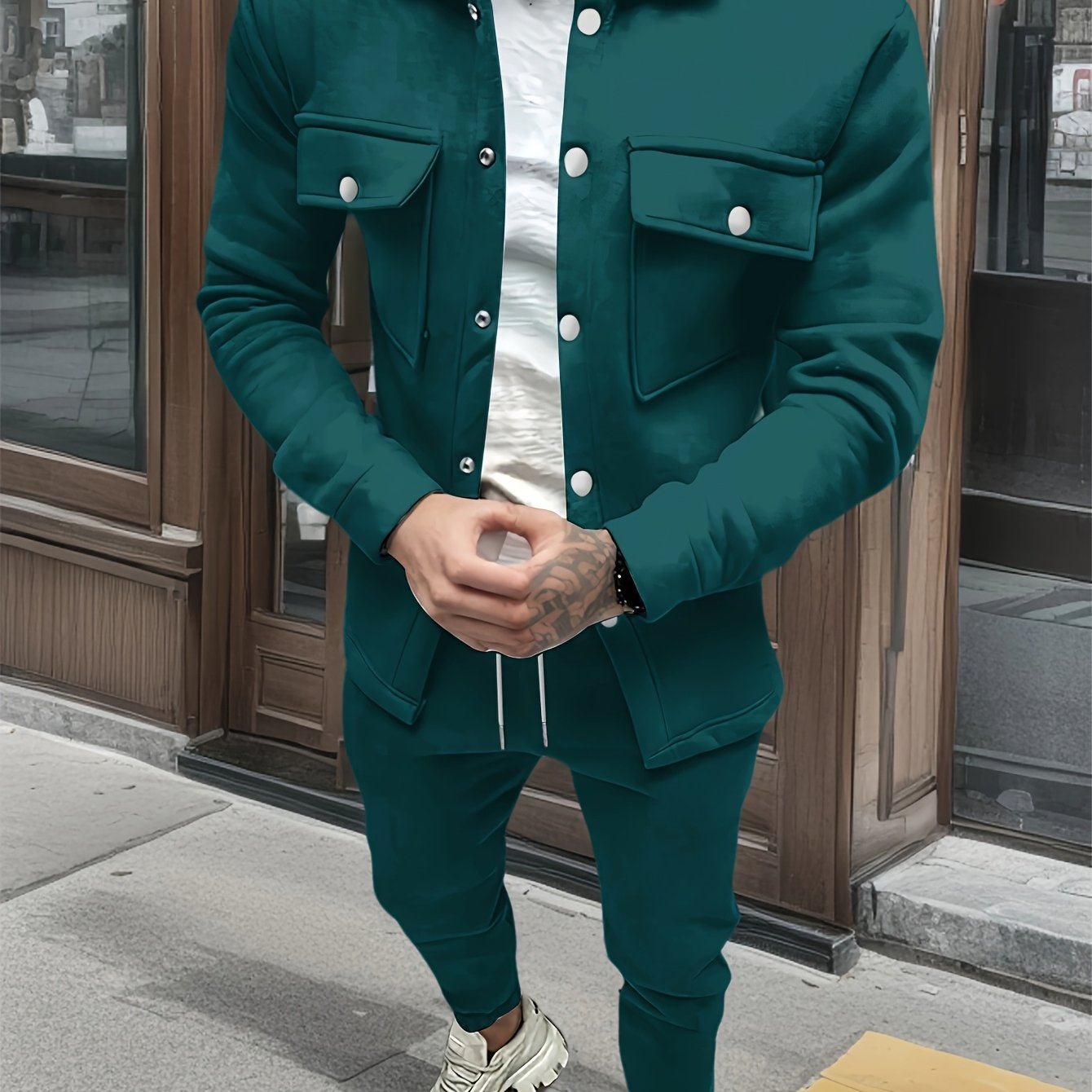Men's Casual Polyester Suit Set Jacket And Pants Ensemble