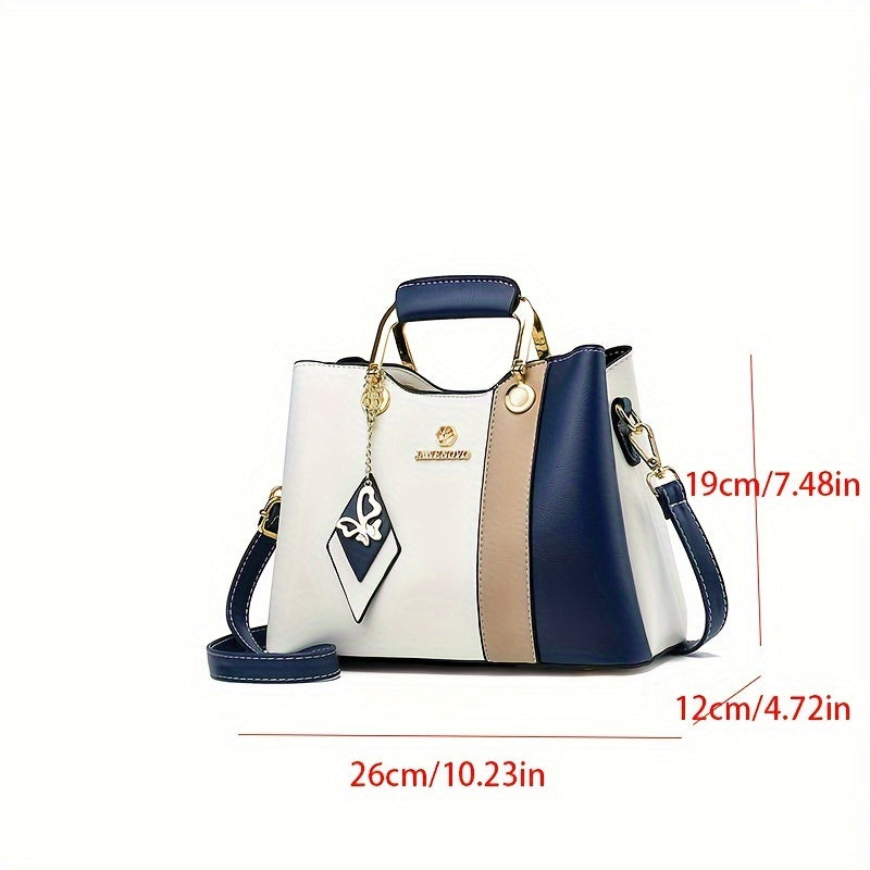 2024 New Women's Color-Block Tote Bag with Adjustable Crossbody/Shoulder Strap, Golden-Tone Hardware & Magnetic Closure - High Quality Casual Handbag for Commuting, Work, Travel - Navy/Beige/White Contrast Design, Crossbody P