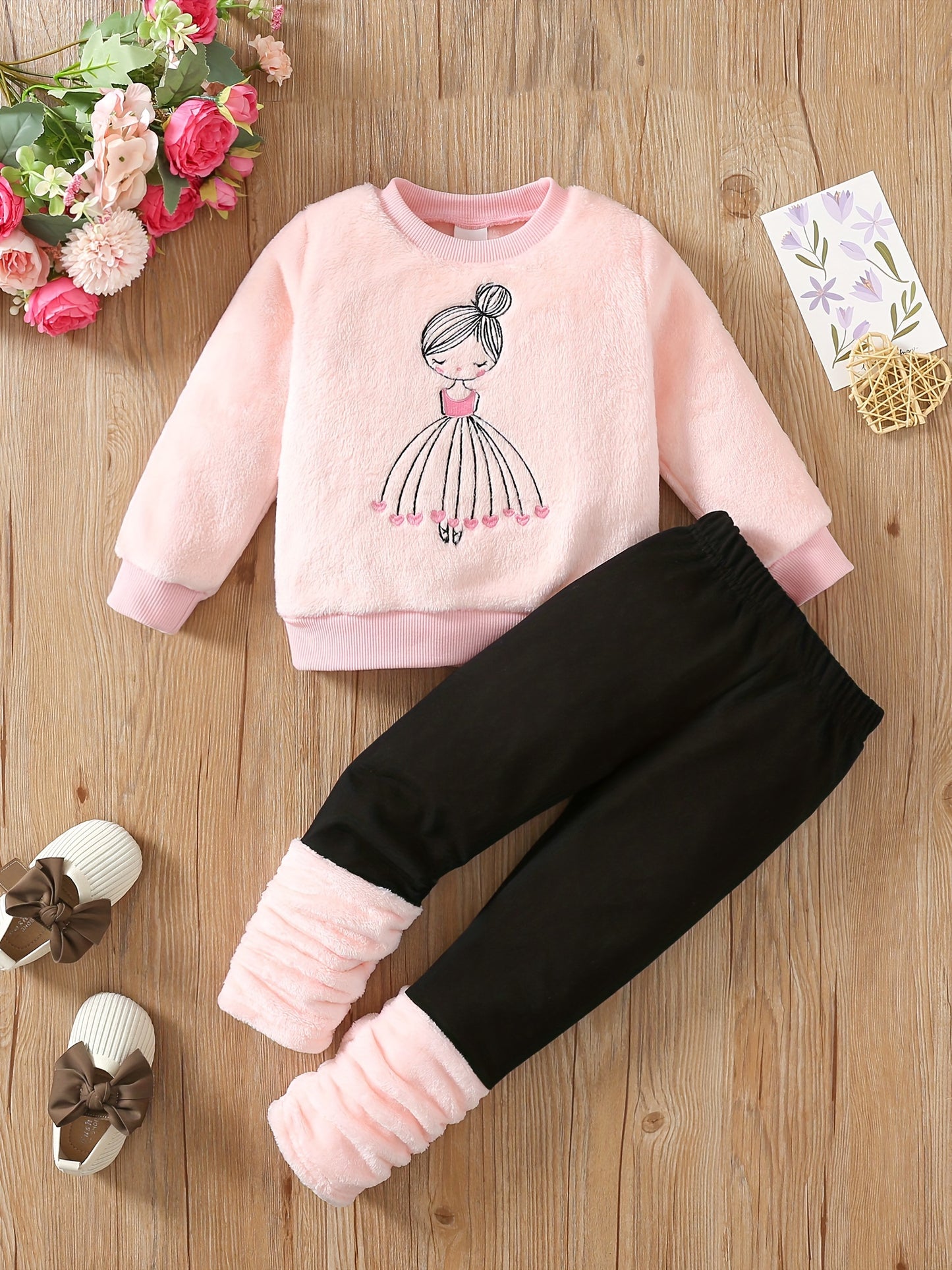 RAOSWETY Girls Two Piece Autumn Winter Fuzzy Top And Bottom Set