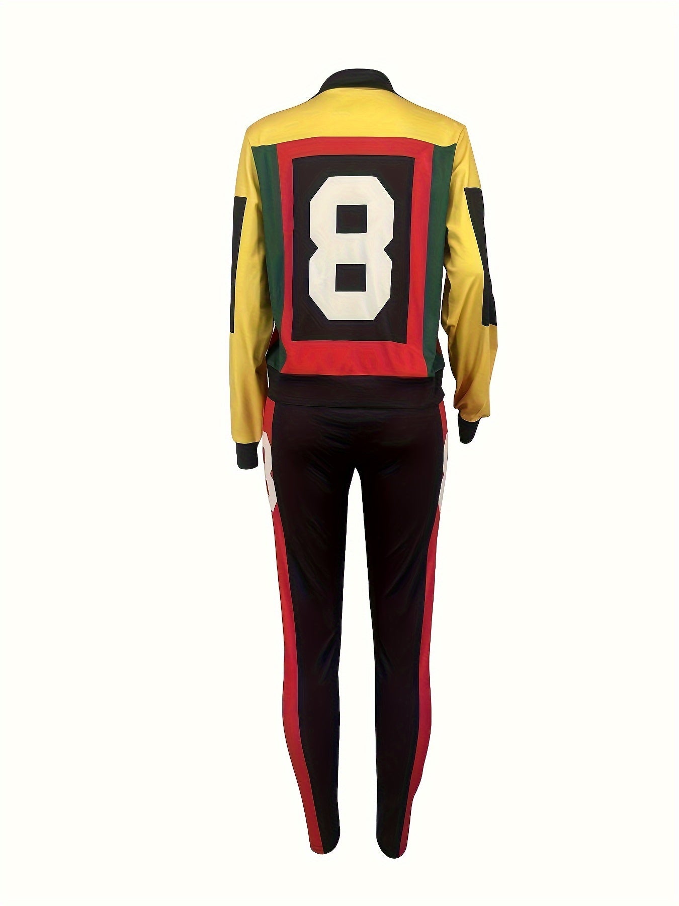 Color Block Two-piece Set, Casual Zip Up Jacket & Pants Outfits For Fall & Winter, Women's Clothing
