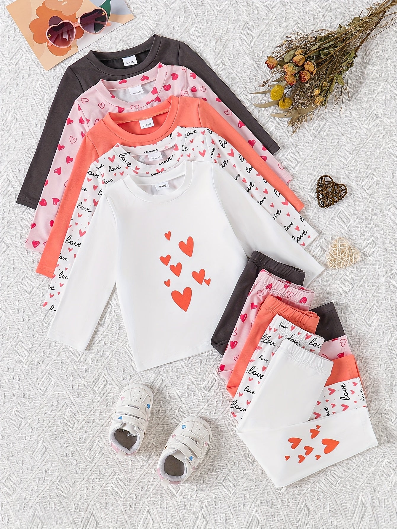 Baby Girls Casual Long Sleeve Pants Set With Heart Print