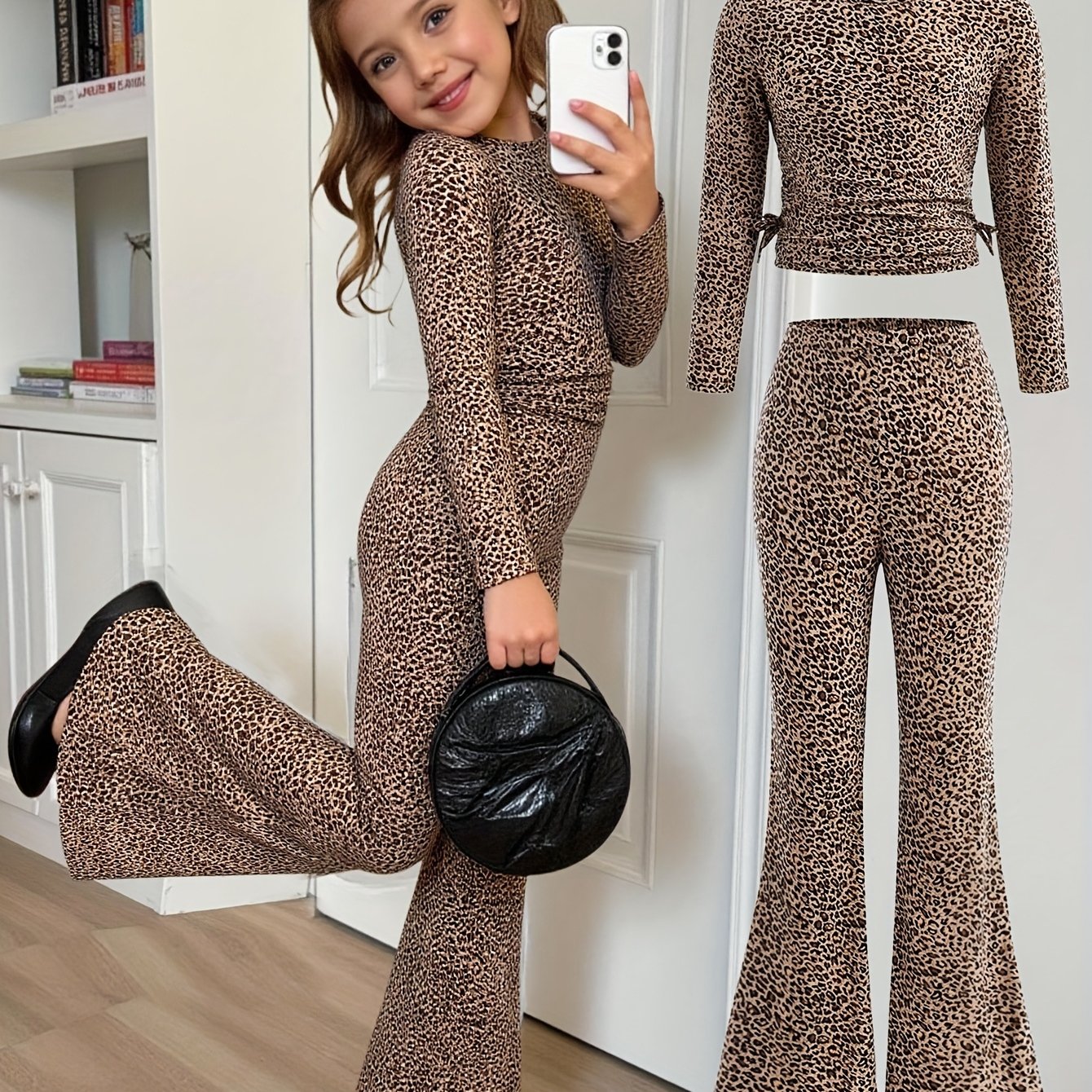 Frenchy Leopard Print Girls Long Sleeve Top And Pants Set