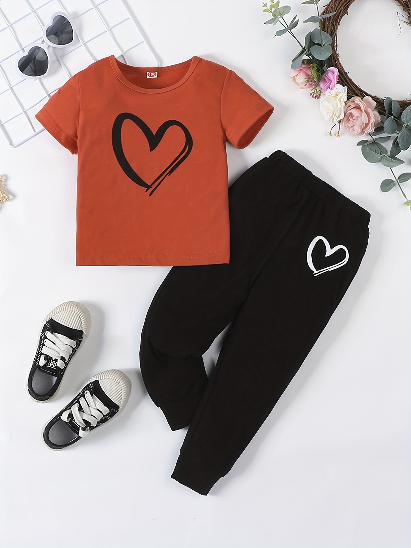 JOPGEEY Girls Heart Print 2pc T Shirt And Sweatpants Set