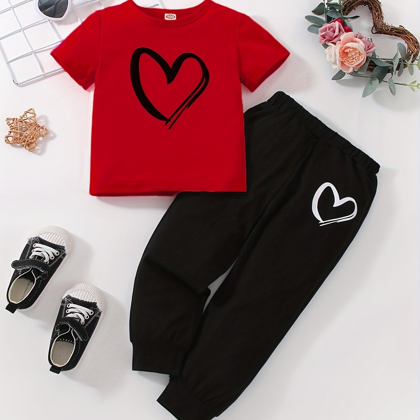 JOPGEEY Girls Heart Print 2pc T Shirt And Sweatpants Set