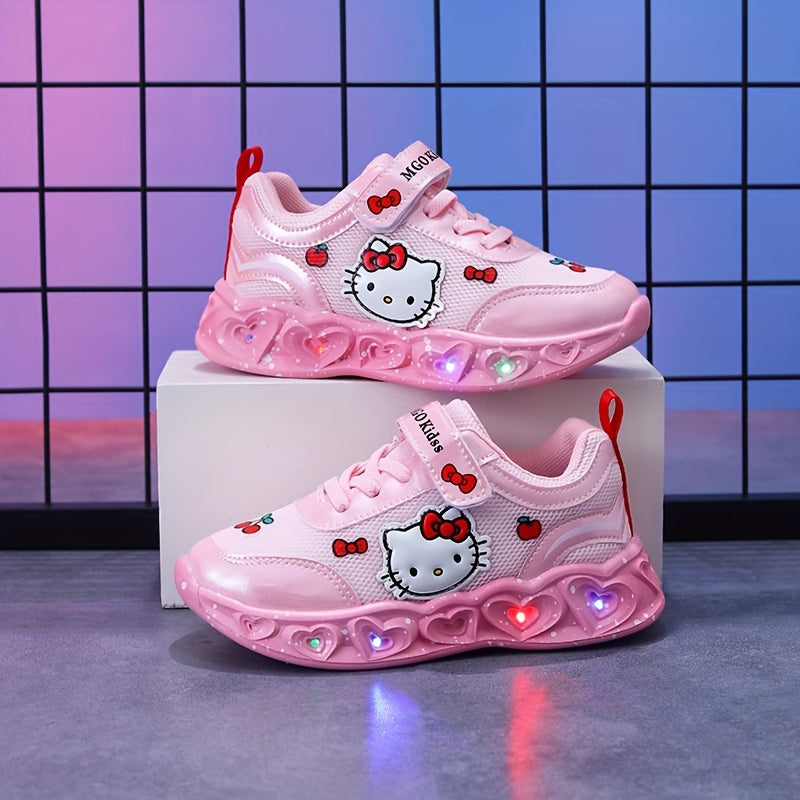 Girls' Glow-in-the-Dark Princess Sneakers with Lights - Pink & White Cartoon Design, Closure, Breathable Mesh Upper, Soft EVA Insole, Durable PVC Sole for Youngsters 1-6 Years, Spring Summer Casual Running Shoes, Shoes for Gi