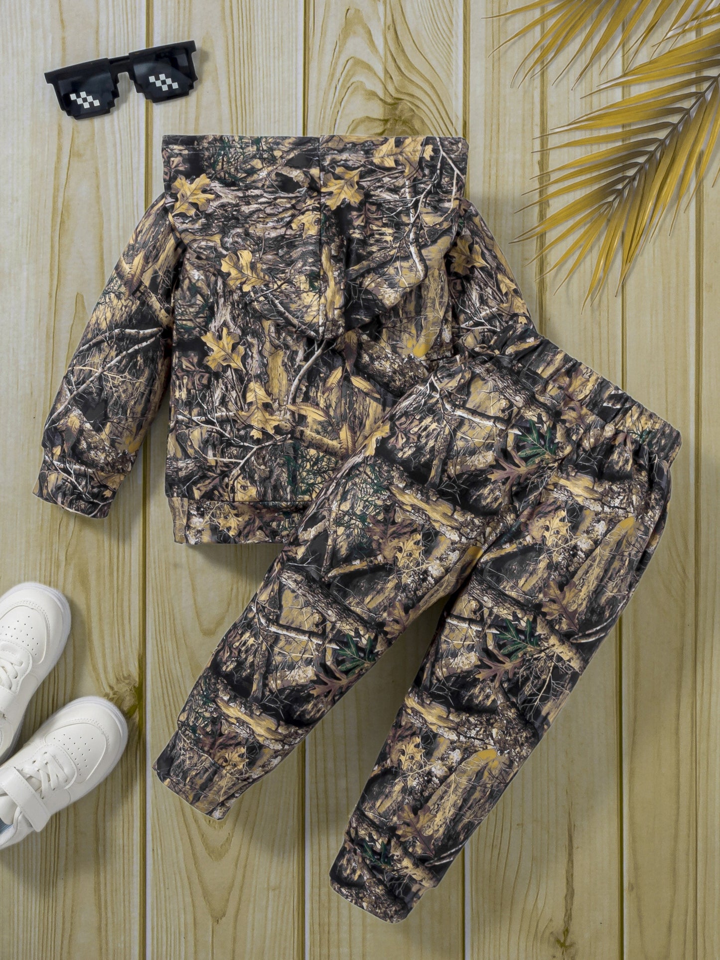 Boy's Camo Leaves Print Hooded Outfit Set