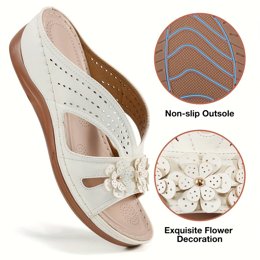 ECETANA Womens Wedge Sandals Floral Cutout Slip On Comfort