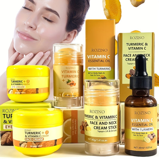 5pcs Turmeric & Vitamin C Facial & Hand/Foot Care Set - Hydrating Moisturizing Cream with Instant Brightening, Plumping & Effects, Low-Allergenic Formula for Sensitive Light Beige, Suitable for All Light Beige Types, Sensitiv