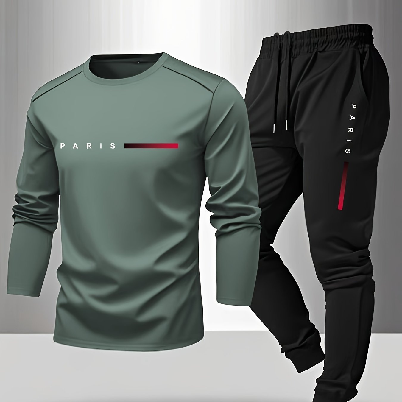 Men'S Casual Athletic Set - Red Long Sleeve T-Shirt with "PARIS" Logo & Black Joggers, Comfortable Polyester Blend, Perfect for Home or Gym, Gym Apparel|Casual Style|Polyester Blend