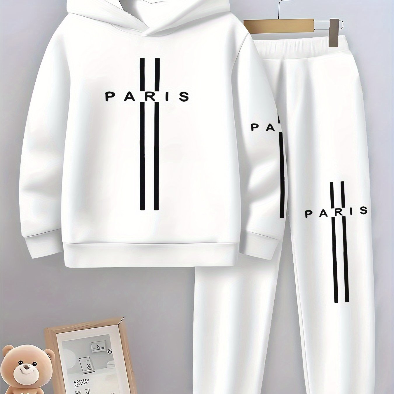 Boys Paris Print Hoodie And Sweatpants Set Geometric Pattern