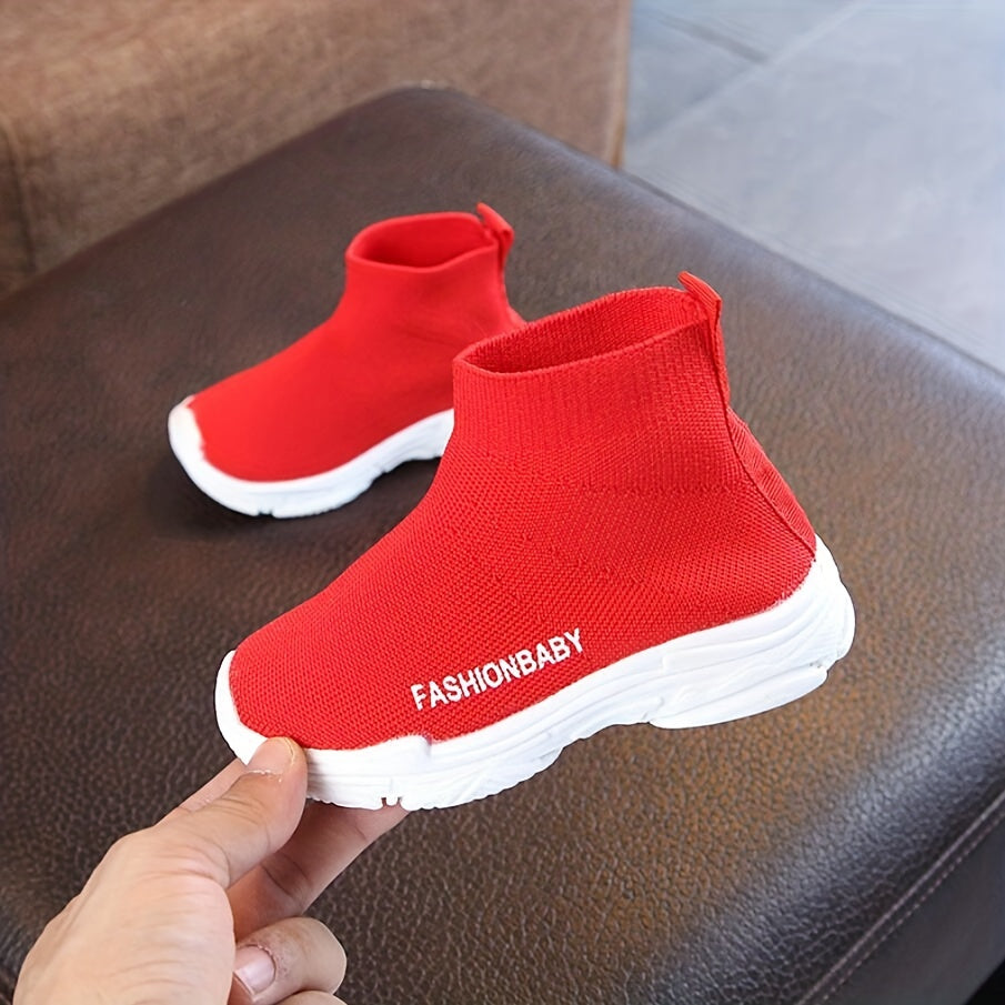 FashionBaby Soft Breathable Fabric Ankle-High Platform Boots for Youngsters & Youngsters - Non-Slip Rubber Sole, Geometric Pattern, Round Toe Pull-On Closure, Spring/Fall Casual Shoes (Red/Black/Grey)