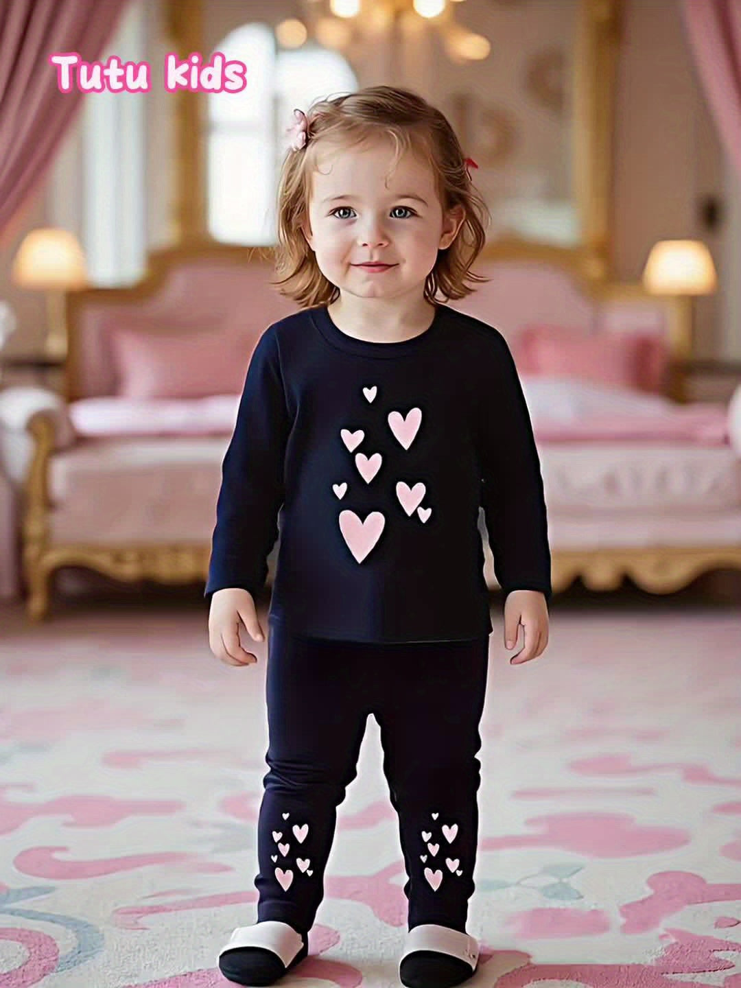 Baby Girls Casual Long Sleeve Pants Set With Heart Print