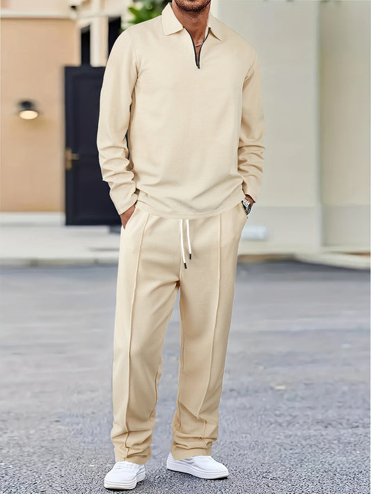 [Stylish Casual Suit] 2pcs Solid Color Plaid Casual Suit | Men's Long Sleeve Collared Shirt and Drawstring Pants - Stylish Comfortable Outfit for Daily Leisure Wear, Suitable for Spring/Autumn Men's Clothing