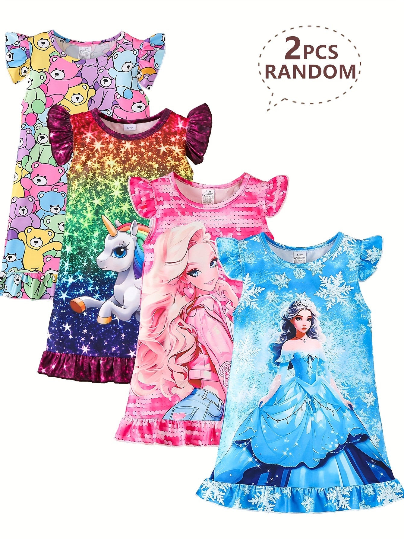 Girls Unicorn Sleep Dress Set Two Pieces Knee Length Pajamas