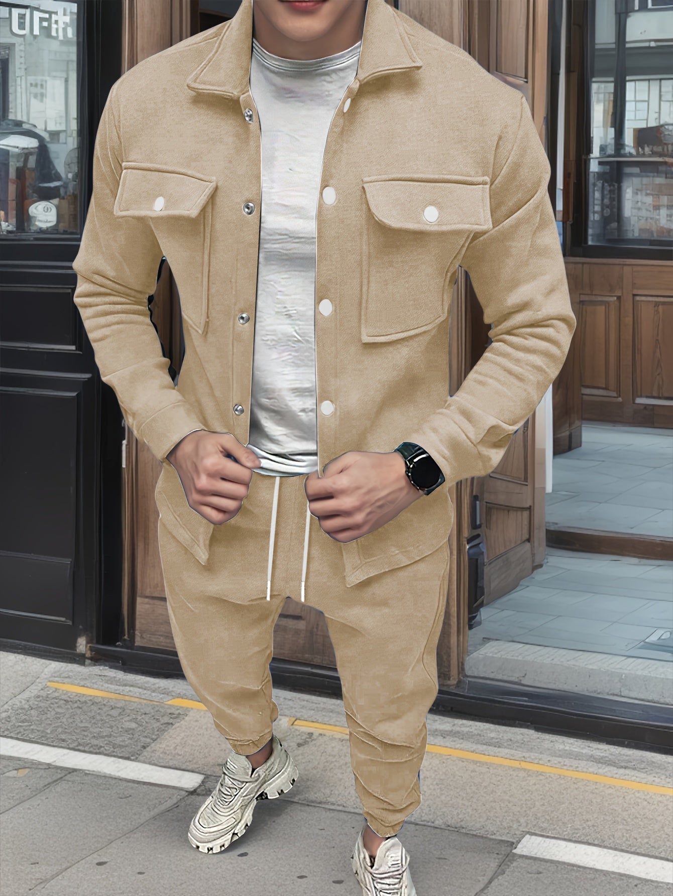 Men's Casual Polyester Suit Set Jacket And Pants Ensemble