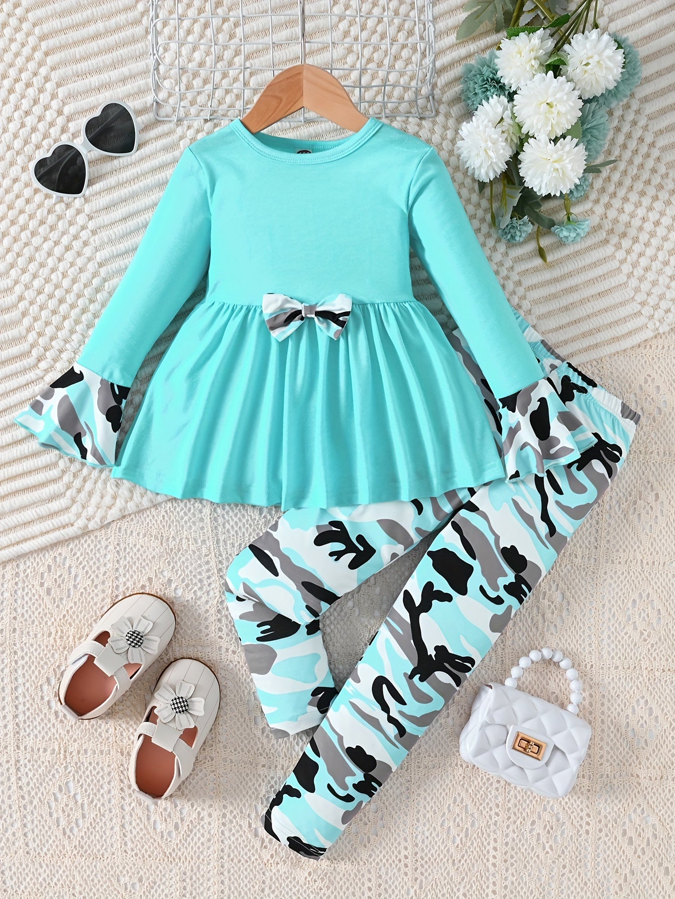 Girls Camouflage Bow Tie Flared Dress and Print Pants Set