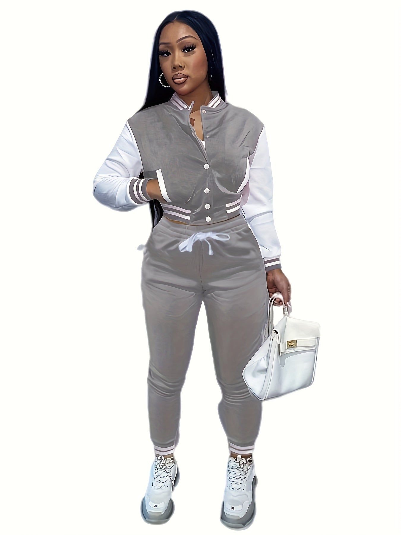 [Casual Baseball Jacket Set] Women's Casual Two-Piece Set - Solid Color Baseball Jacket & Pants, Long Sleeve, Regular Fit, Single-Breasted Buttons | Casual Style