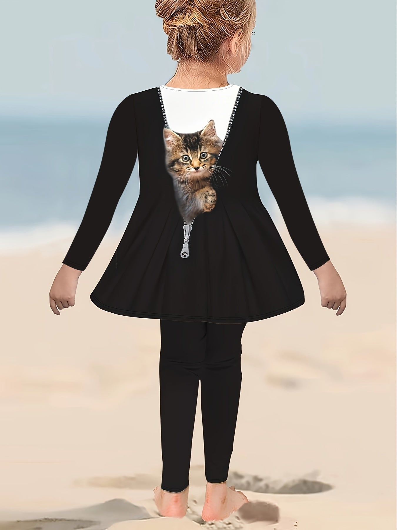3D Printed Cat Pattern Kids Dress And Pants Outfit