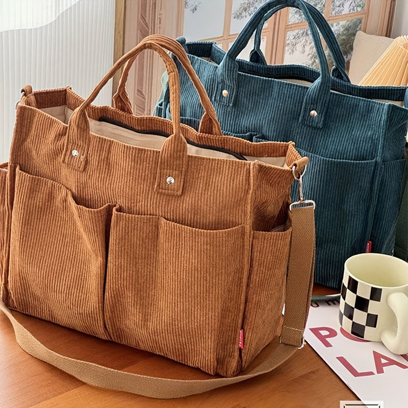 Chic Corduroy Tote Bag for Women - Multi-Pocket, Thickened Design with Striped Pattern, Black | Casual & Artistic Crossbody Shoulder Handbag, Harajuku, Autumn Winter, Student