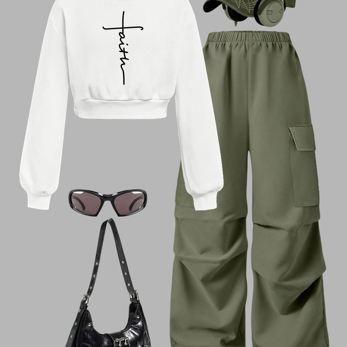 Minimalist Faith Cross Hoodie Set With Cargo Wide Leg Pants