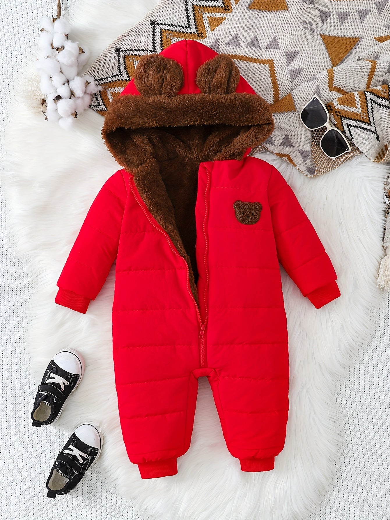 Baby Boy Winter Plush Hooded Jumpsuit for Outdoors