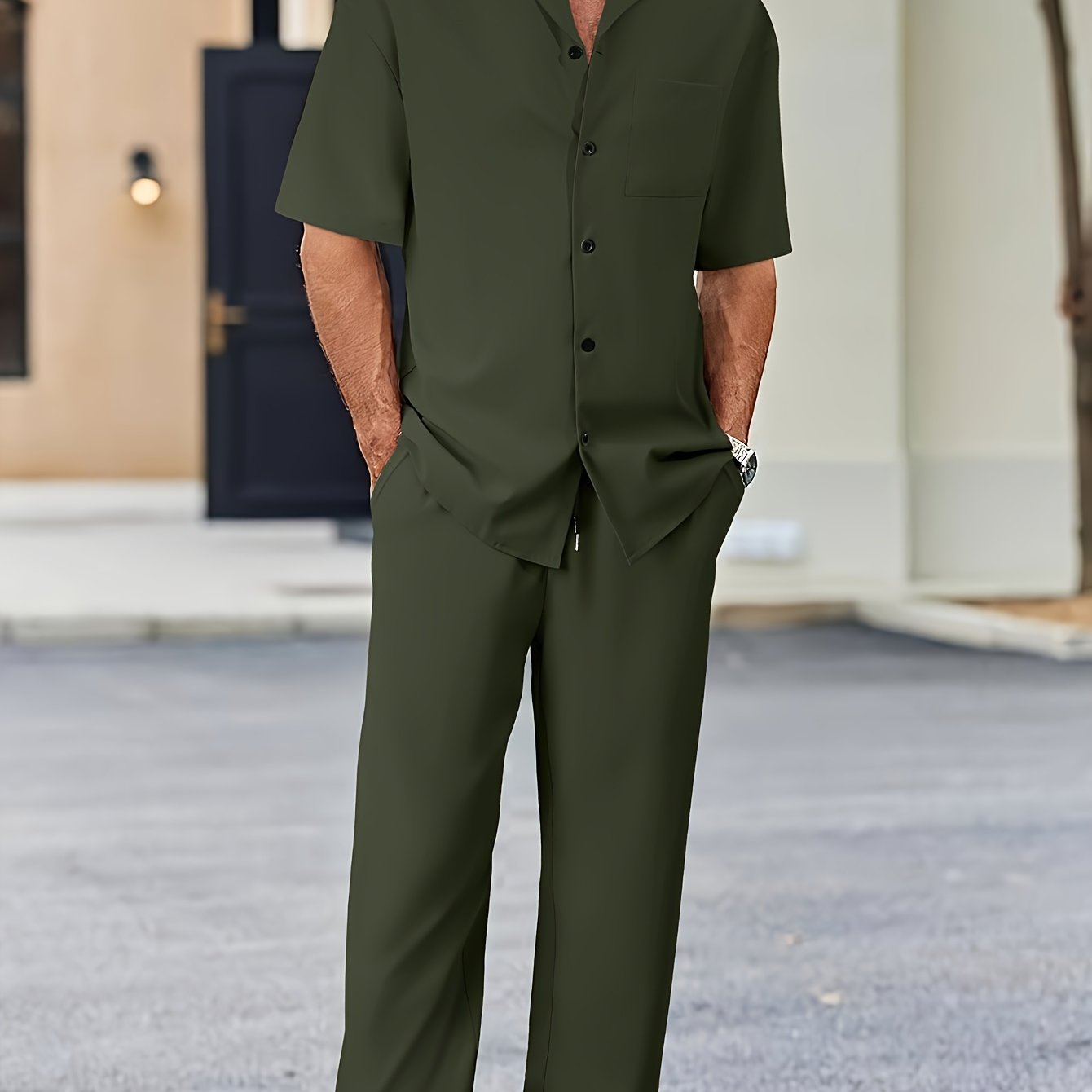 Machine Washable Polyester Men's Casual Suit-Inspired Short Sleeve Shirt & Loose Straight Pants Set