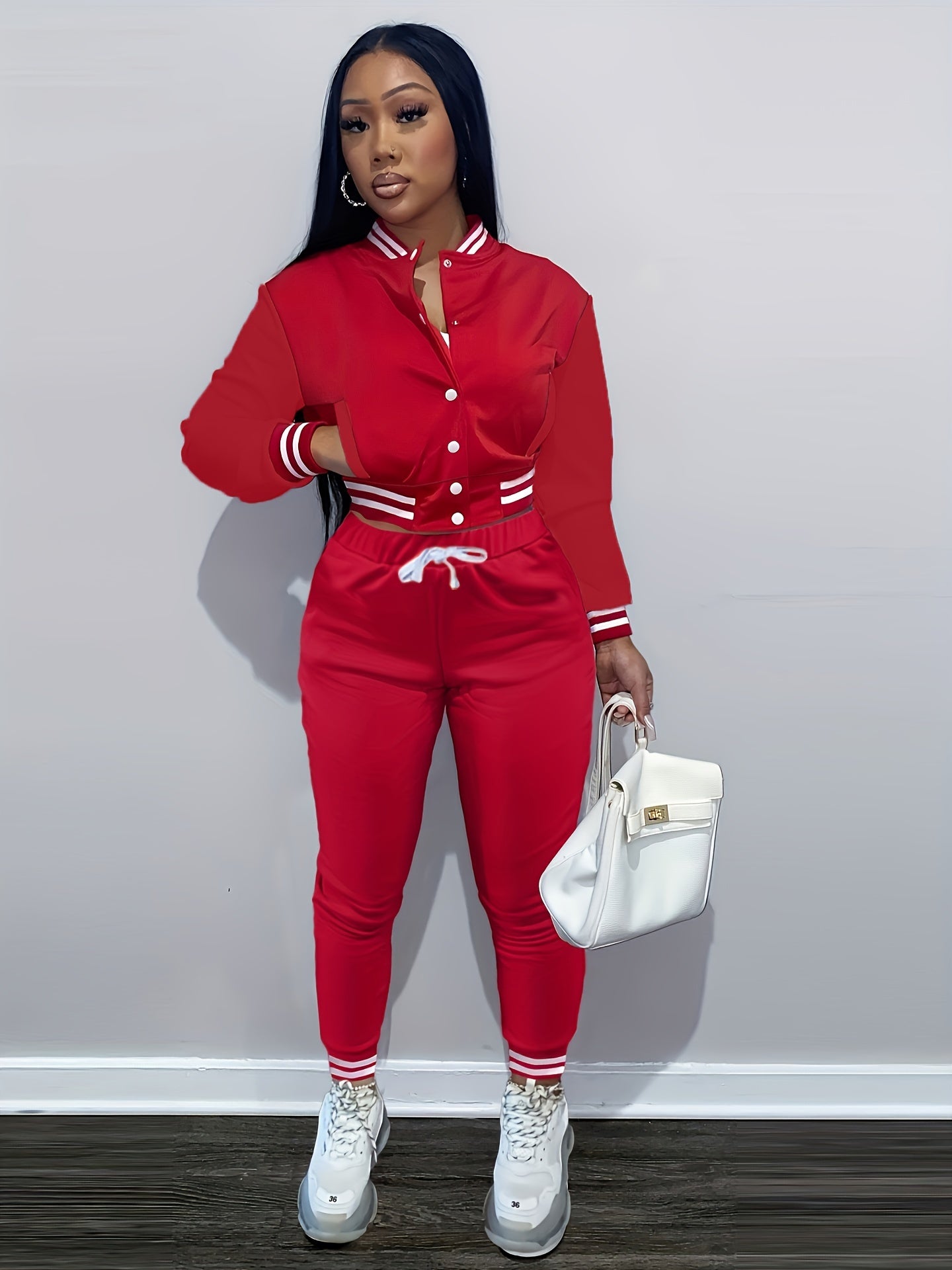 [Casual Baseball Jacket Set] Women's Casual Two-Piece Set - Solid Color Baseball Jacket & Pants, Long Sleeve, Regular Fit, Single-Breasted Buttons | Casual Style