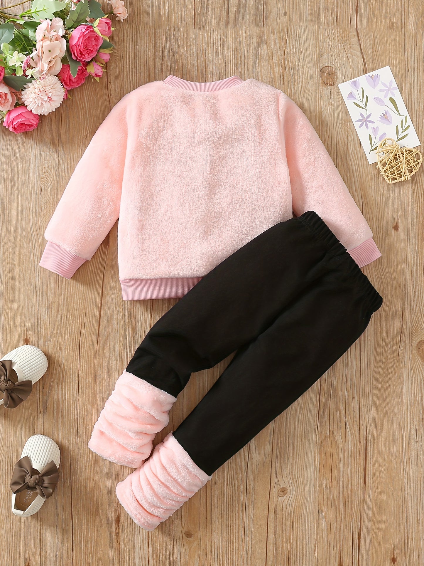 RAOSWETY Girls Two Piece Autumn Winter Fuzzy Top And Bottom Set
