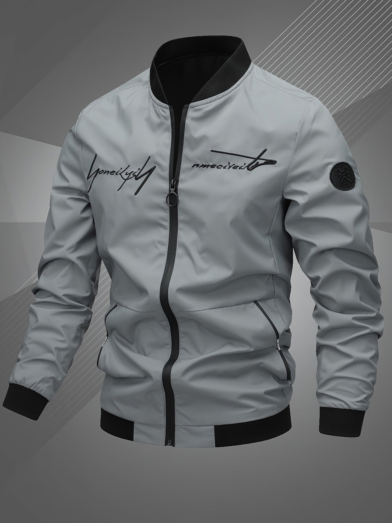 Mens Letter Embroidered Casual Bomber Jacket Regular Fit