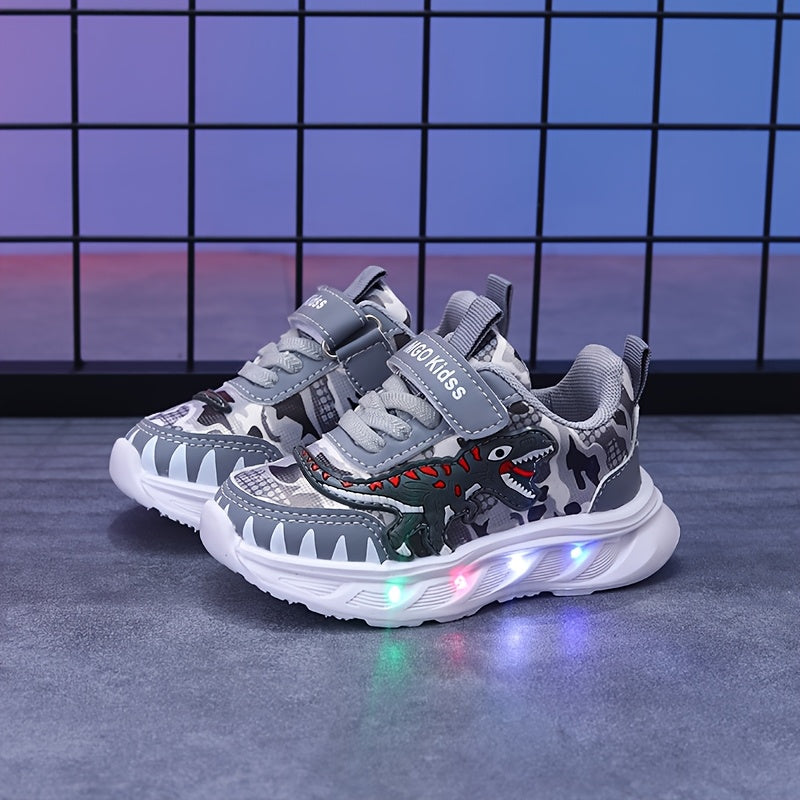 MGO Kidss new dinosaur sports shoes in spring and autumn, with LED lights, artificial  surface boy shoes, bright sports shoes, boy dinosaur shoes, spring and autumn cartoon boy sports shoes, flashing lights suitable for 1-6 y