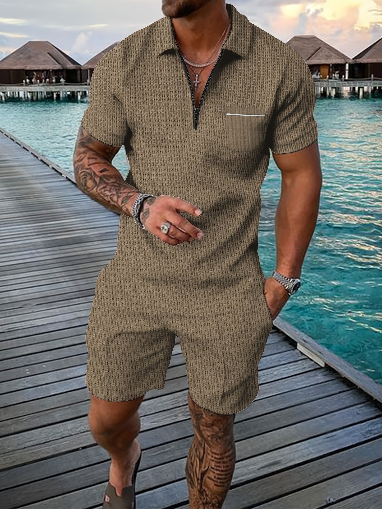 Men's Summer Casual Polo Shirt And Shorts Set With Pocket